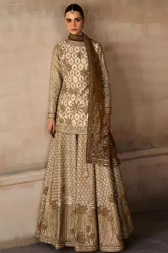 Ekru Gold Embroidered Rambagh Silk Sharara Set