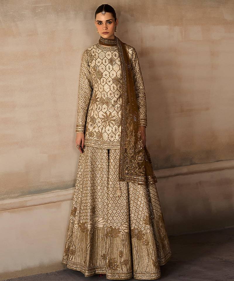 Ekru Gold Embroidered Rambagh Silk Sharara Set