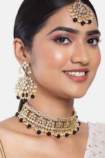 Aheli ethnic black traditional jewellery kundan choker necklace earring maang tikka set for women