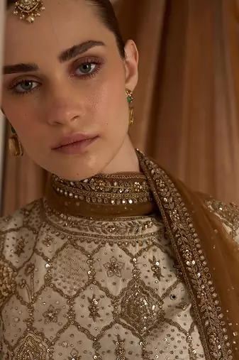 Ekru Gold Embroidered Rambagh Silk Sharara Set