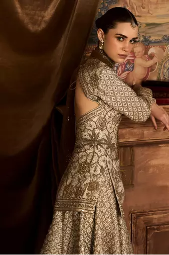 Ekru Gold Embroidered Rambagh Silk Sharara Set