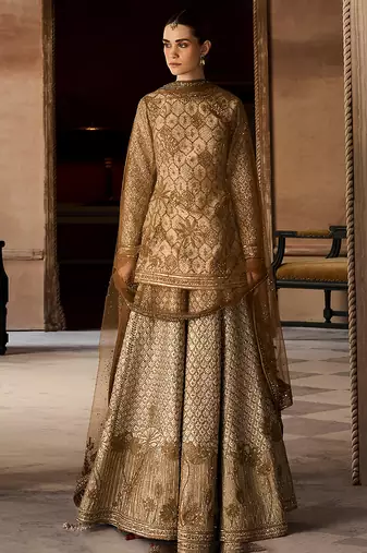 Ekru Gold Embroidered Rambagh Silk Sharara Set