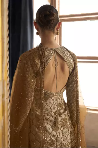 Ekru Gold Embroidered Rambagh Silk Sharara Set