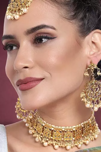 Aheli ethnic indian traditional jewellery kundan choker necklace earring maang tikka set jewellery for women