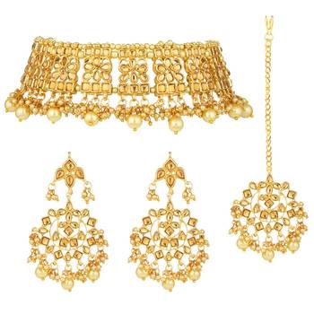 Aheli ethnic indian traditional jewellery kundan choker necklace earring maang tikka set jewellery for women 3