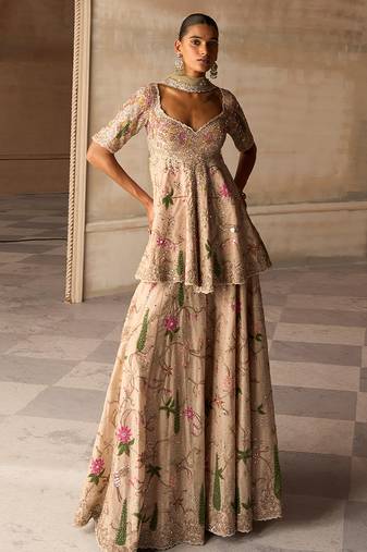 Beige Embroidered Silk Sharara Set