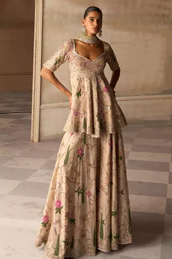 Beige Embroidered Silk Sharara Set