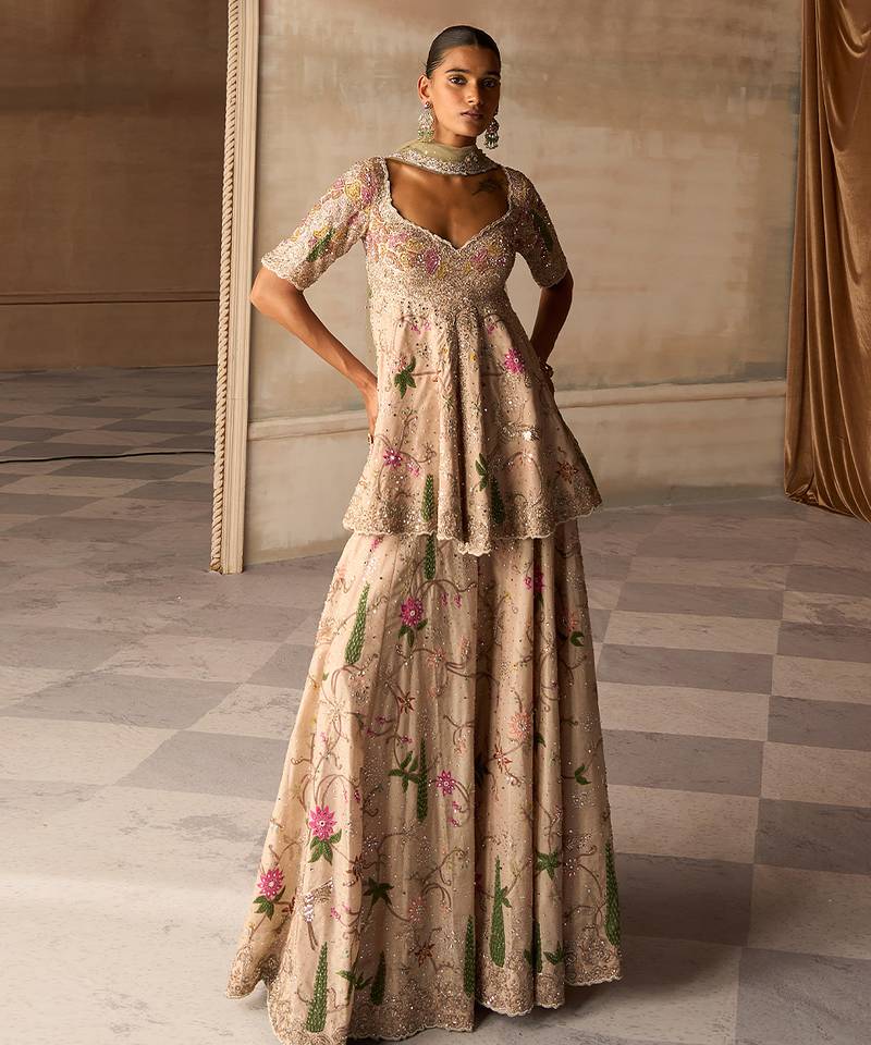 Beige Embroidered Silk Sharara Set