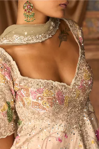Beige Embroidered Silk Sharara Set