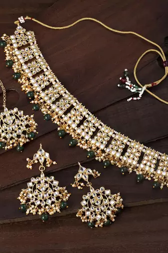 Aheli green choker necklace earring maang tikka set gift for women