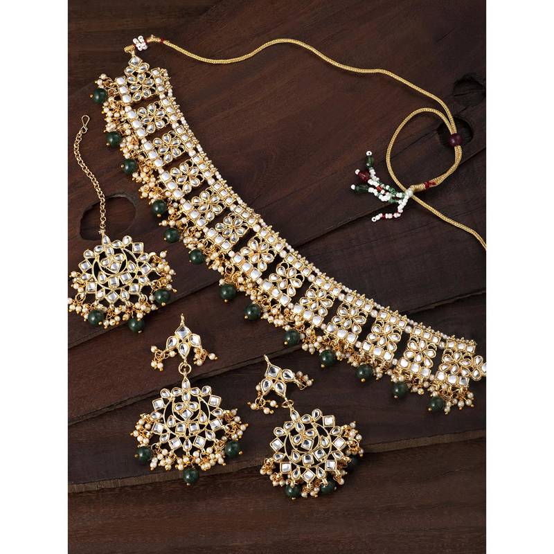 Aheli green choker necklace earring maang tikka set gift for women