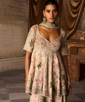Beige Embroidered Silk Sharara Set 3