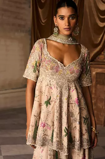 Beige Embroidered Silk Sharara Set