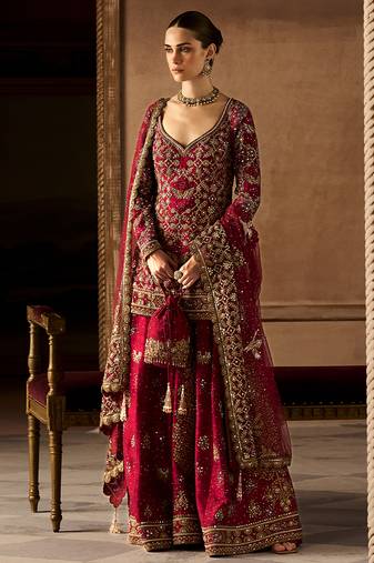 Scarlet Red Embroidered Rambagh Silk Sharara Set