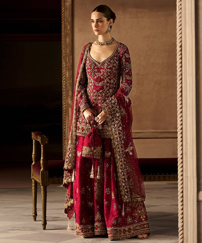 Scarlet Red Embroidered Rambagh Silk Sharara Set