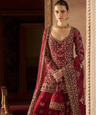 Scarlet Red Embroidered Rambagh Silk Sharara Set 2
