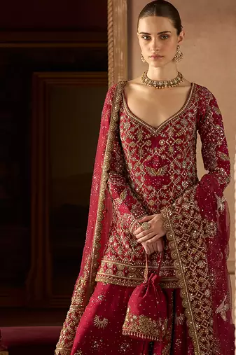 Scarlet Red Embroidered Rambagh Silk Sharara Set