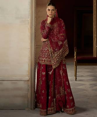 Scarlet Red Embroidered Rambagh Silk Sharara Set 3