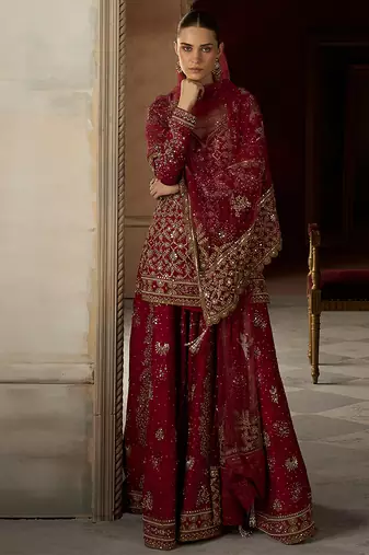 Scarlet Red Embroidered Rambagh Silk Sharara Set