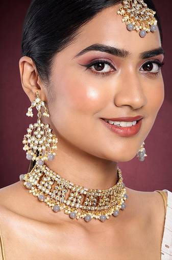 Aheli ethnic grey traditional jewellery kundan choker necklace earring maang tikka set for women