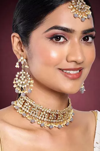 Aheli ethnic grey traditional jewellery kundan choker necklace earring maang tikka set for women