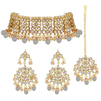 Aheli ethnic grey traditional jewellery kundan choker necklace earring maang tikka set for women 3