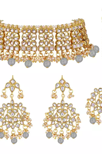 Aheli ethnic grey traditional jewellery kundan choker necklace earring maang tikka set for women