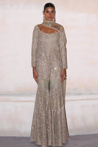 Jade green embroidered tissue silk sharara set