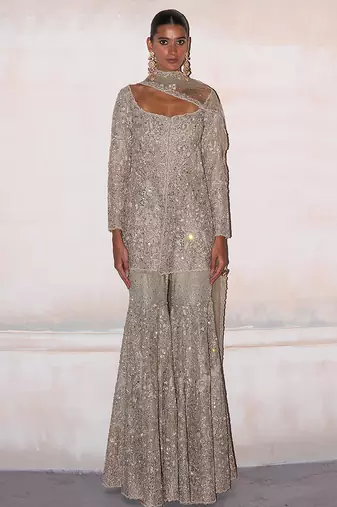 Jade green embroidered tissue silk sharara set