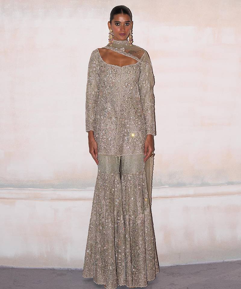 Jade green embroidered tissue silk sharara set