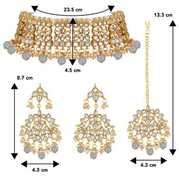 Aheli ethnic grey traditional jewellery kundan choker necklace earring maang tikka set for women 4