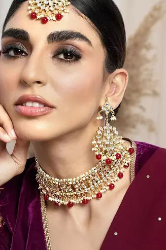Aheli ethnic maroon traditional jewellery kundan choker necklace earring maang tikka set for women