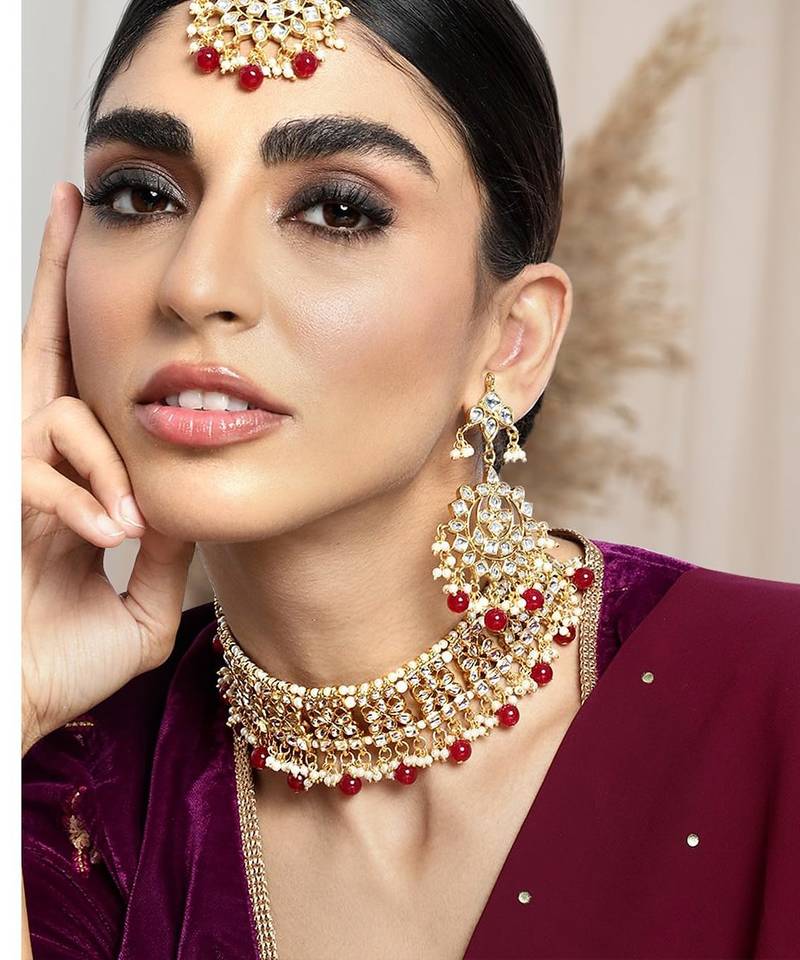Aheli ethnic maroon traditional jewellery kundan choker necklace earring maang tikka set for women