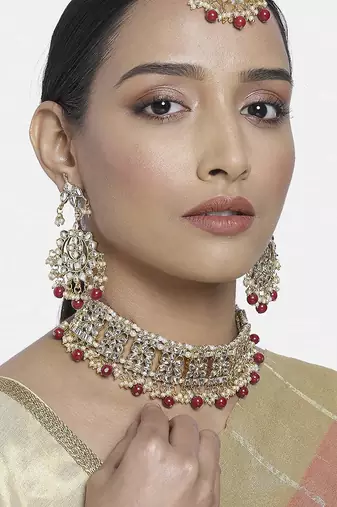 Aheli ethnic maroon traditional jewellery kundan choker necklace earring maang tikka set for women
