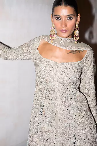 Jade green embroidered tissue silk sharara set