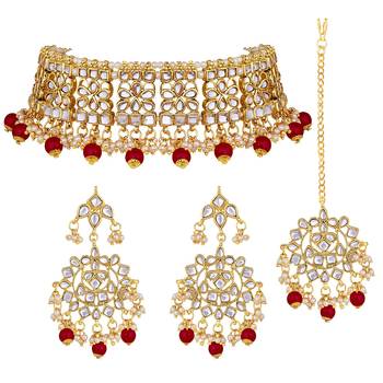 Aheli ethnic maroon traditional jewellery kundan choker necklace earring maang tikka set for women 3