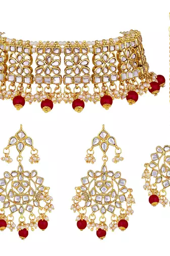 Aheli ethnic maroon traditional jewellery kundan choker necklace earring maang tikka set for women