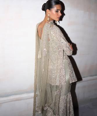 Jade green embroidered tissue silk sharara set 4