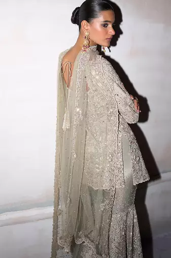 Jade green embroidered tissue silk sharara set