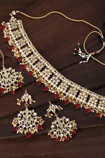 Aheli ethnic maroon traditional jewellery kundan choker necklace earring maang tikka set for women