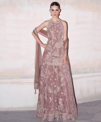 Rose pink embroidered velvet silk sharara set 1