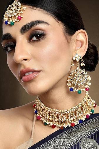 Aheli ethnic multi color traditional jewellery kundan necklace earring mang tikka set for women