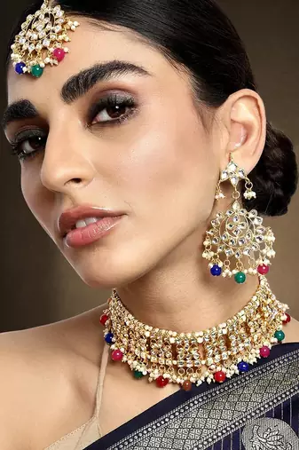 Aheli ethnic multi color traditional jewellery kundan necklace earring mang tikka set for women