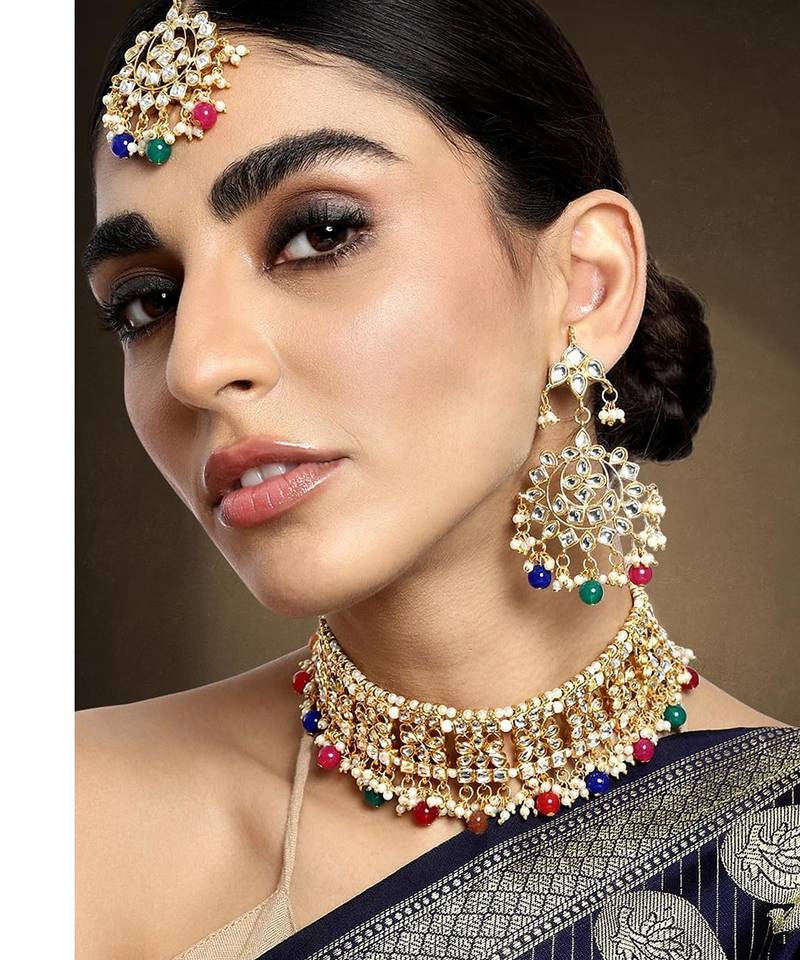Aheli ethnic multi color traditional jewellery kundan necklace earring mang tikka set for women