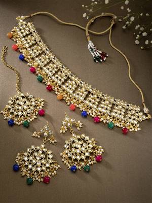 Aheli ethnic multi color traditional jewellery kundan necklace earring mang tikka set for women 2