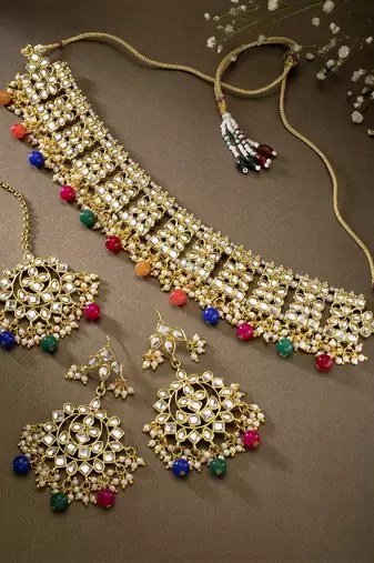 Aheli ethnic multi color traditional jewellery kundan necklace earring mang tikka set for women