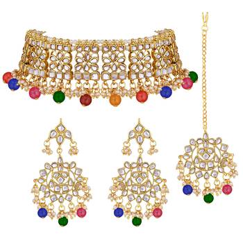 Aheli ethnic multi color traditional jewellery kundan necklace earring mang tikka set for women 3
