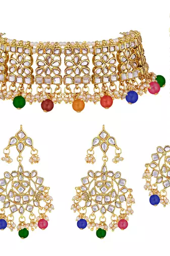 Aheli ethnic multi color traditional jewellery kundan necklace earring mang tikka set for women