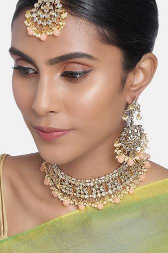 Aheli ethnic peach traditional jewellery kundan necklace earring mang tikka set for women