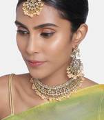 Aheli ethnic peach traditional jewellery kundan necklace earring mang tikka set for women